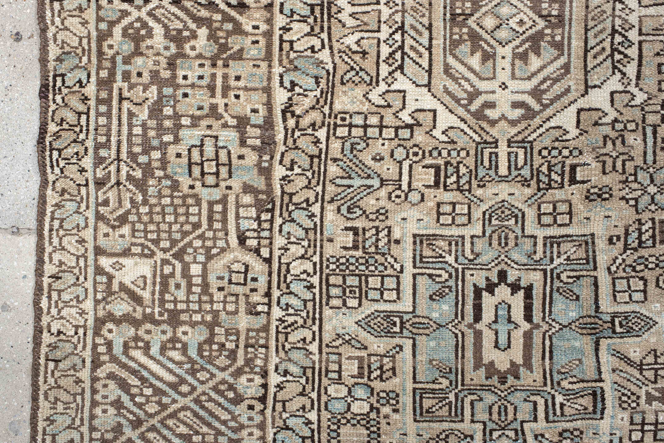 7' x 11' one-of-a-kind handmade antique Karaje large size rug. Color palette: ivory, brown, sky blue, taupe, camel