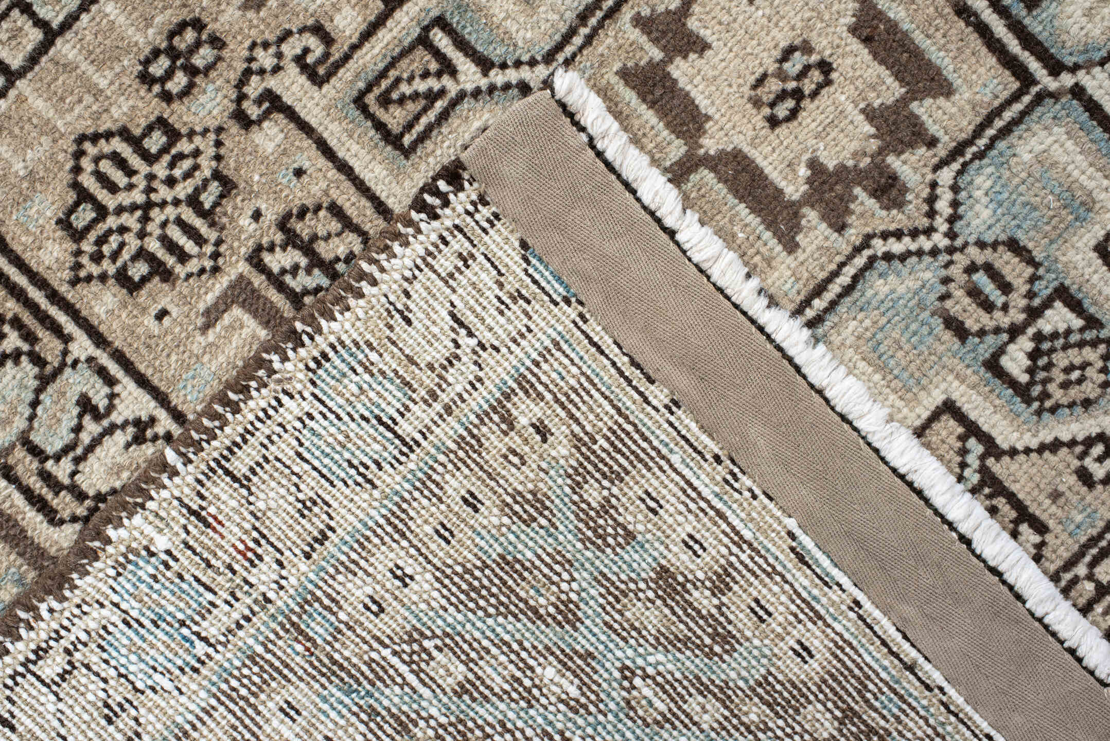 7' x 11' one-of-a-kind handmade antique Karaje large size rug. Color palette: ivory, brown, sky blue, taupe, camel