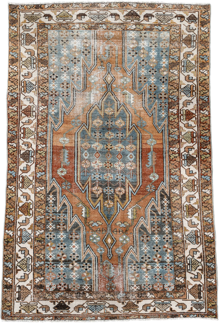 4' x 6' one-of-a-kind handmade antique Mazlaghan small size rug. Color palette: terra cotta, powder blue, ivory, brown