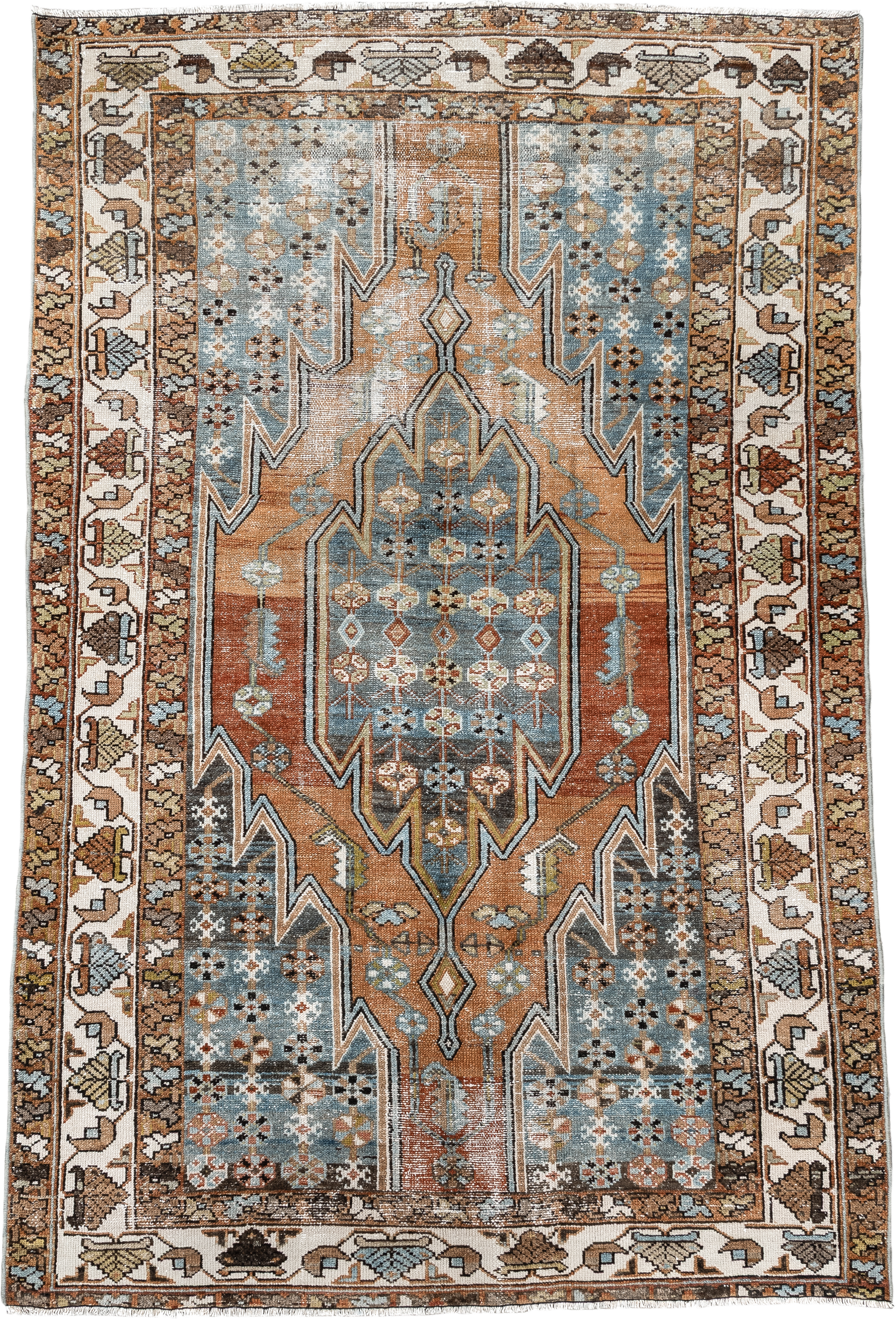 4' x 6' one-of-a-kind handmade antique Mazlaghan small size rug. Color palette: terra cotta, powder blue, ivory, brown