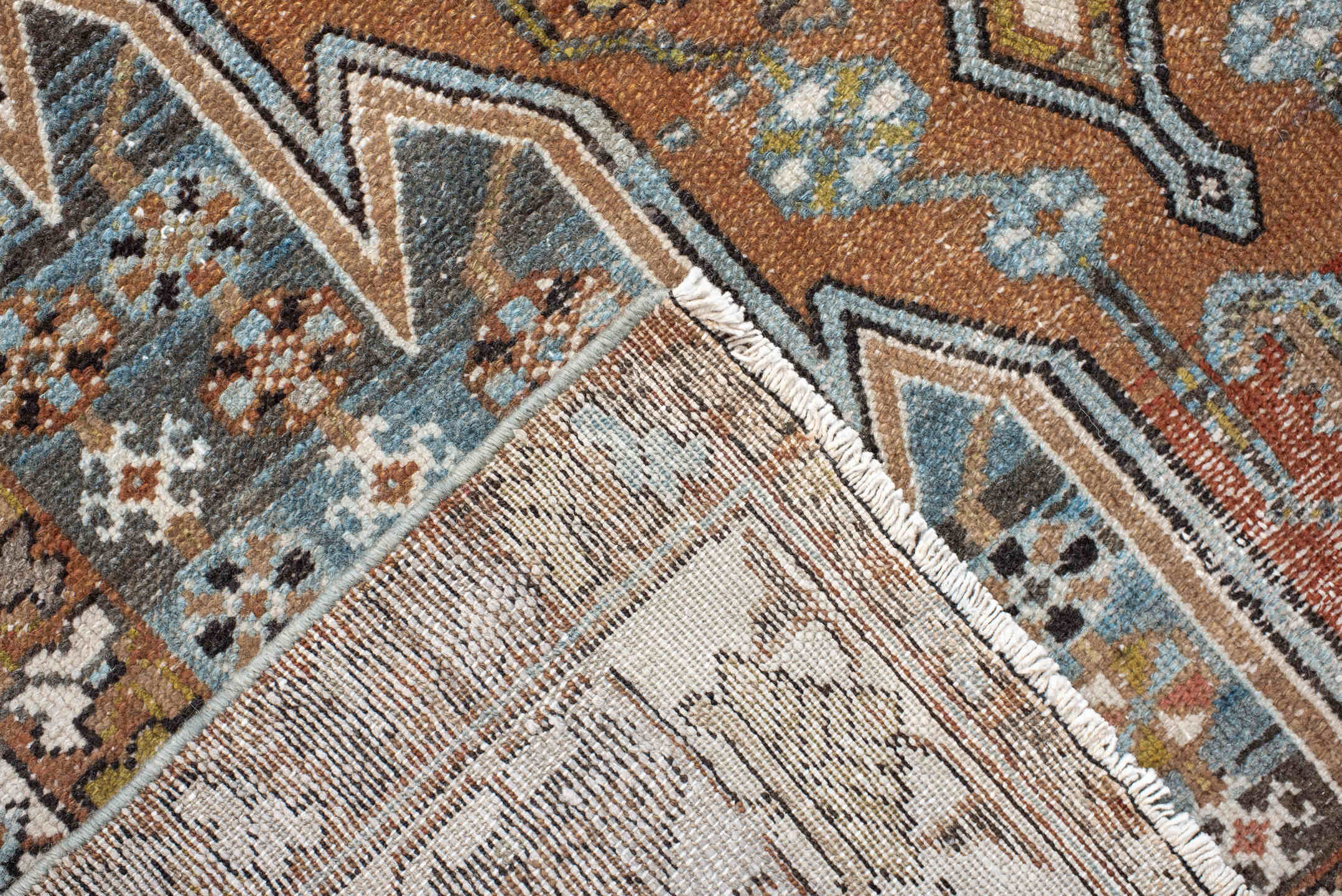 4' x 6' one-of-a-kind handmade vintage Mazlaghan small size rug. Color palette: antiquewhite, black, blue, brown, charcoal