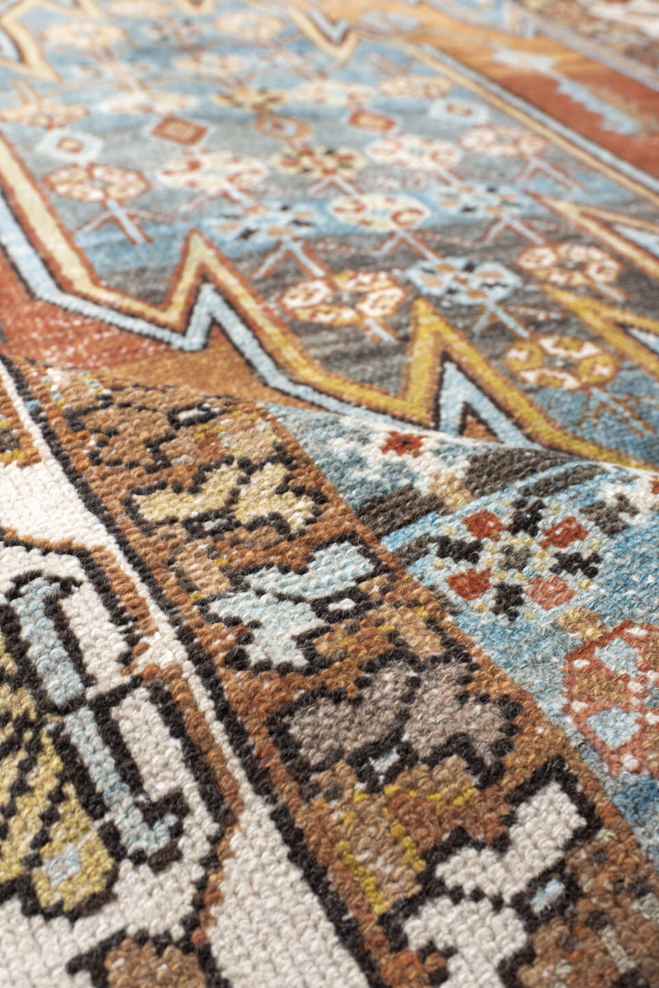 4' x 6' one-of-a-kind handmade antique Mazlaghan small size rug. Color palette: terra cotta, powder blue, ivory, brown