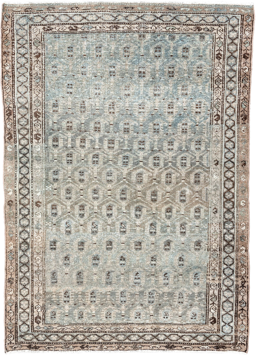 4' x 6' one-of-a-kind handmade antique Hamadan small size rug. Color palette: pale blue, ivory, taupe, brown, charcoal