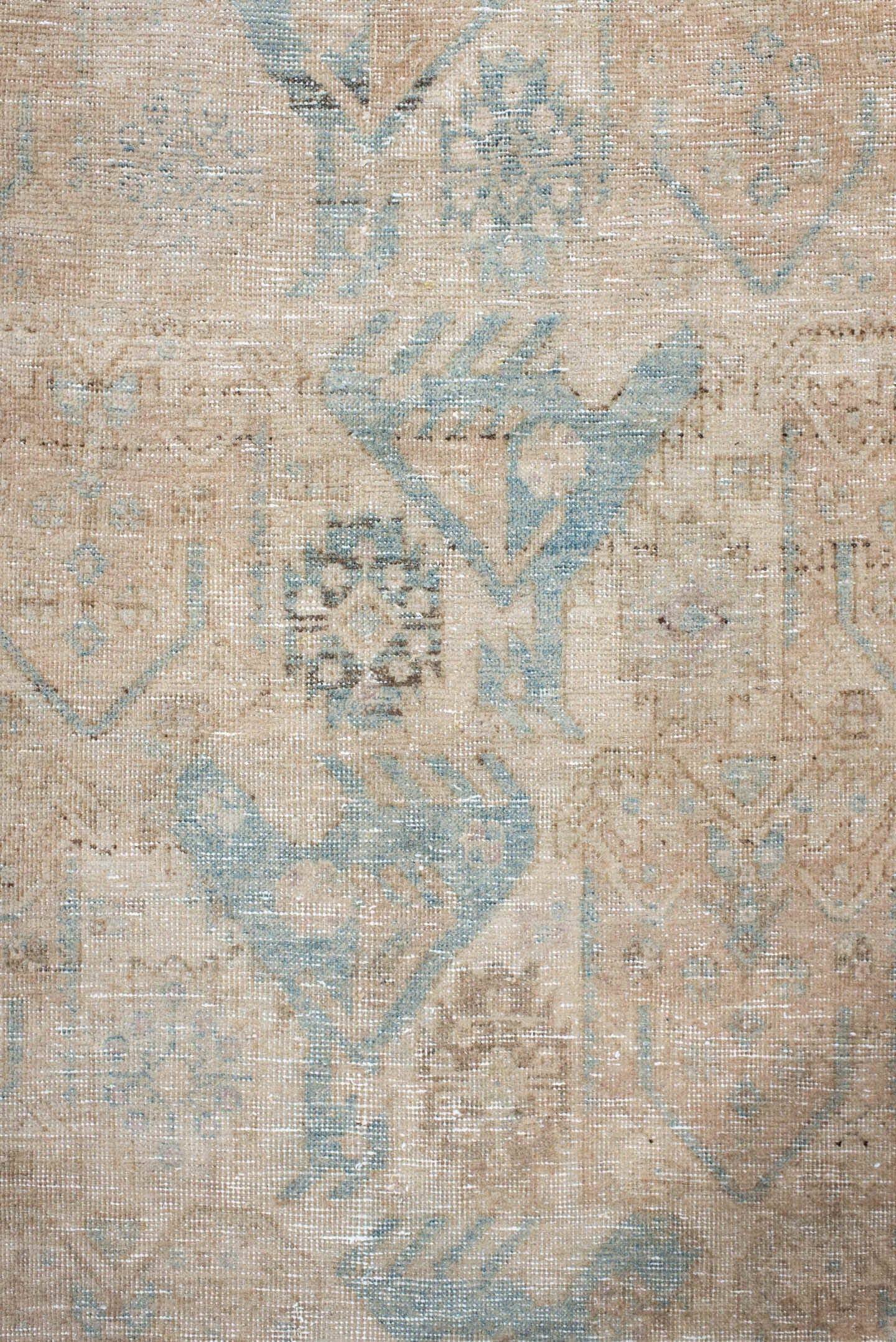 3' x 11' one-of-a-kind handmade antique Sarab runner rug. Color palette: ivory, beige, pale blue, taupe, camel, brown