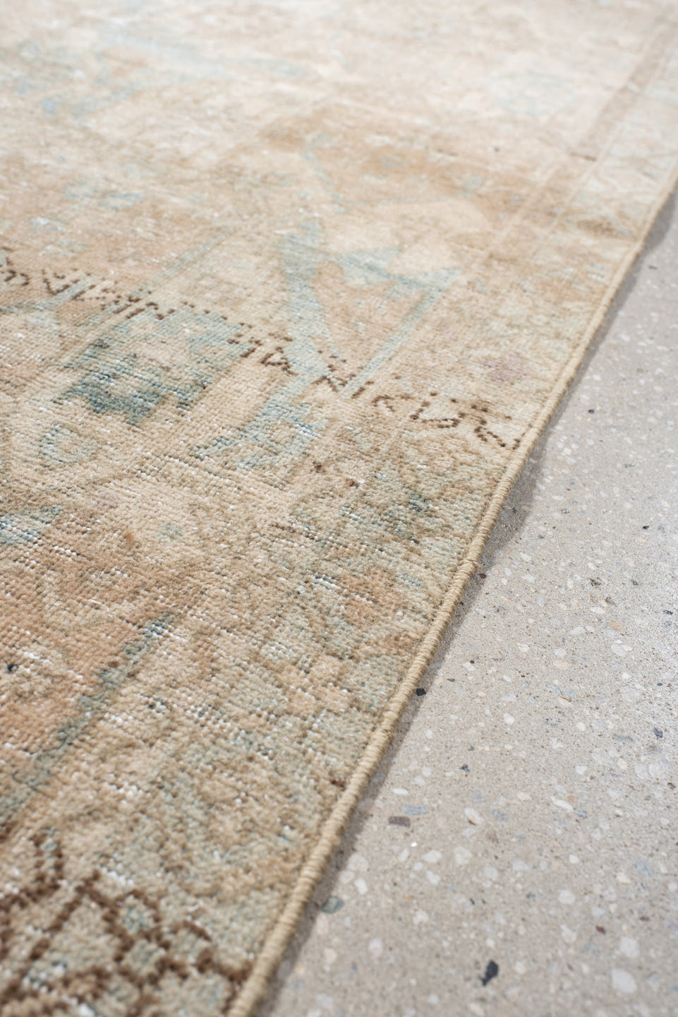 3' x 11' one-of-a-kind handmade antique Sarab runner rug. Color palette: ivory, beige, pale blue, taupe, camel, brown
