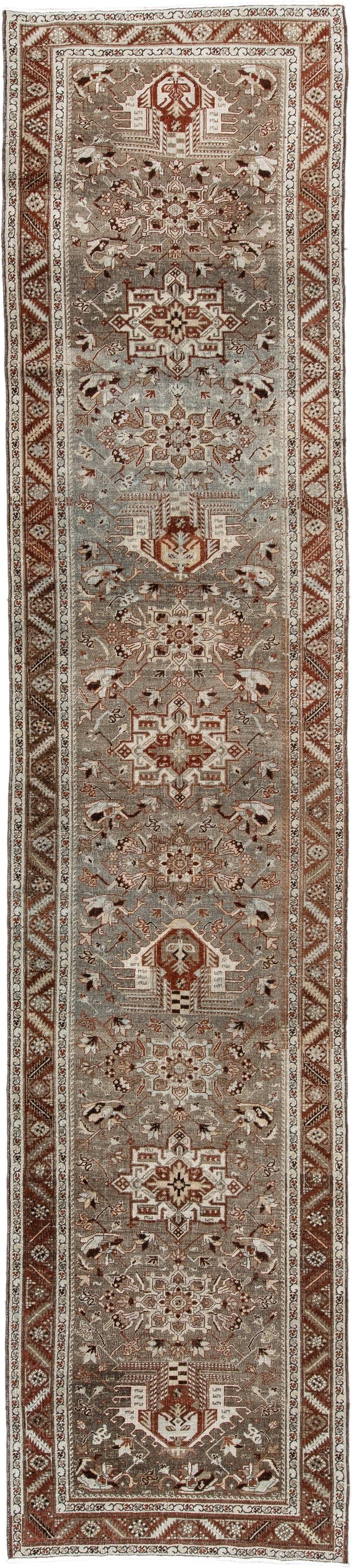 3' x 13' one-of-a-kind handmade vintage Heriz runner rug. Color palette: taupe, rust, ivory, brown, camel, charcoal, beige