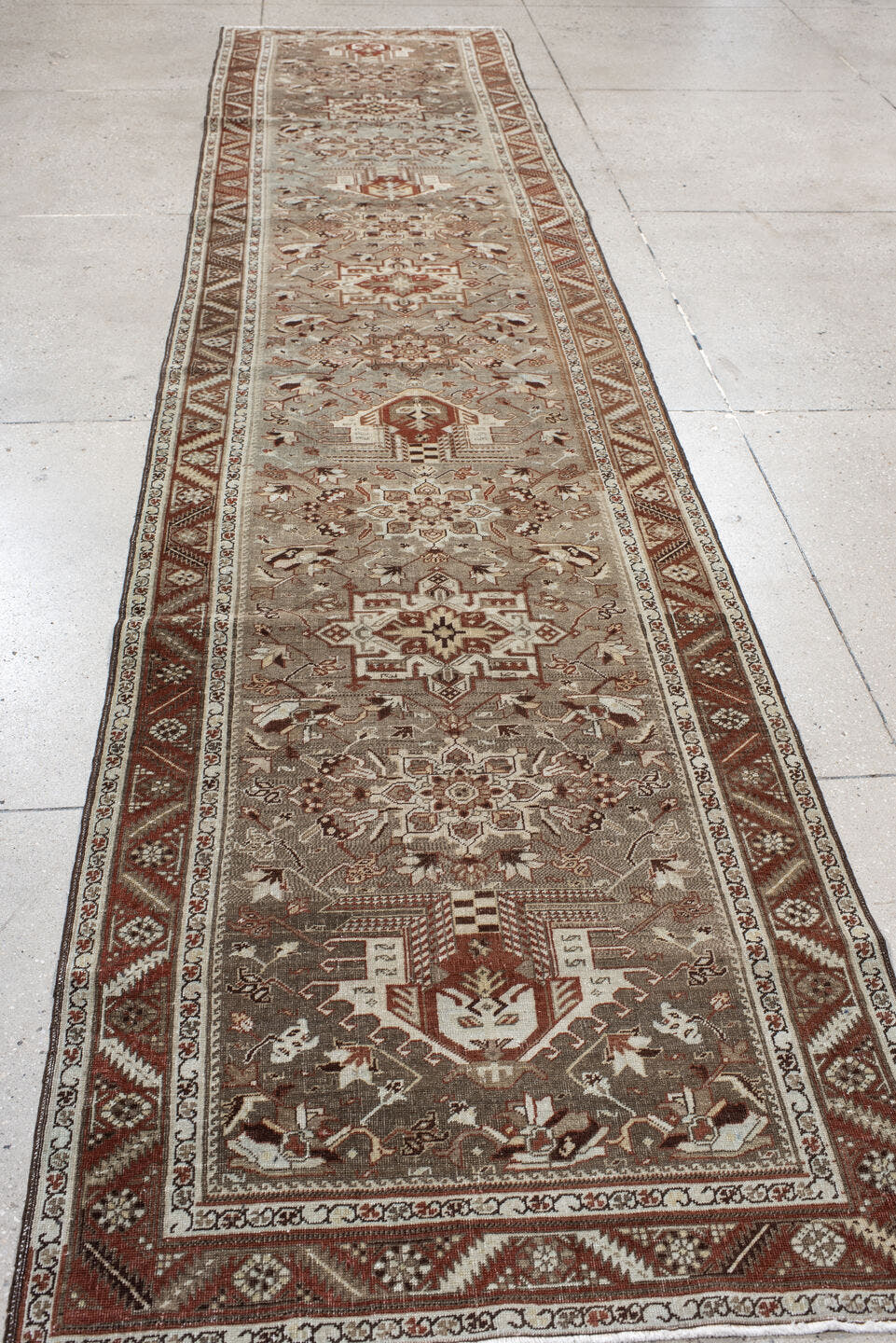 3' x 13' one-of-a-kind handmade vintage Heriz runner rug. Color palette: taupe, rust, ivory, brown, camel, charcoal, beige