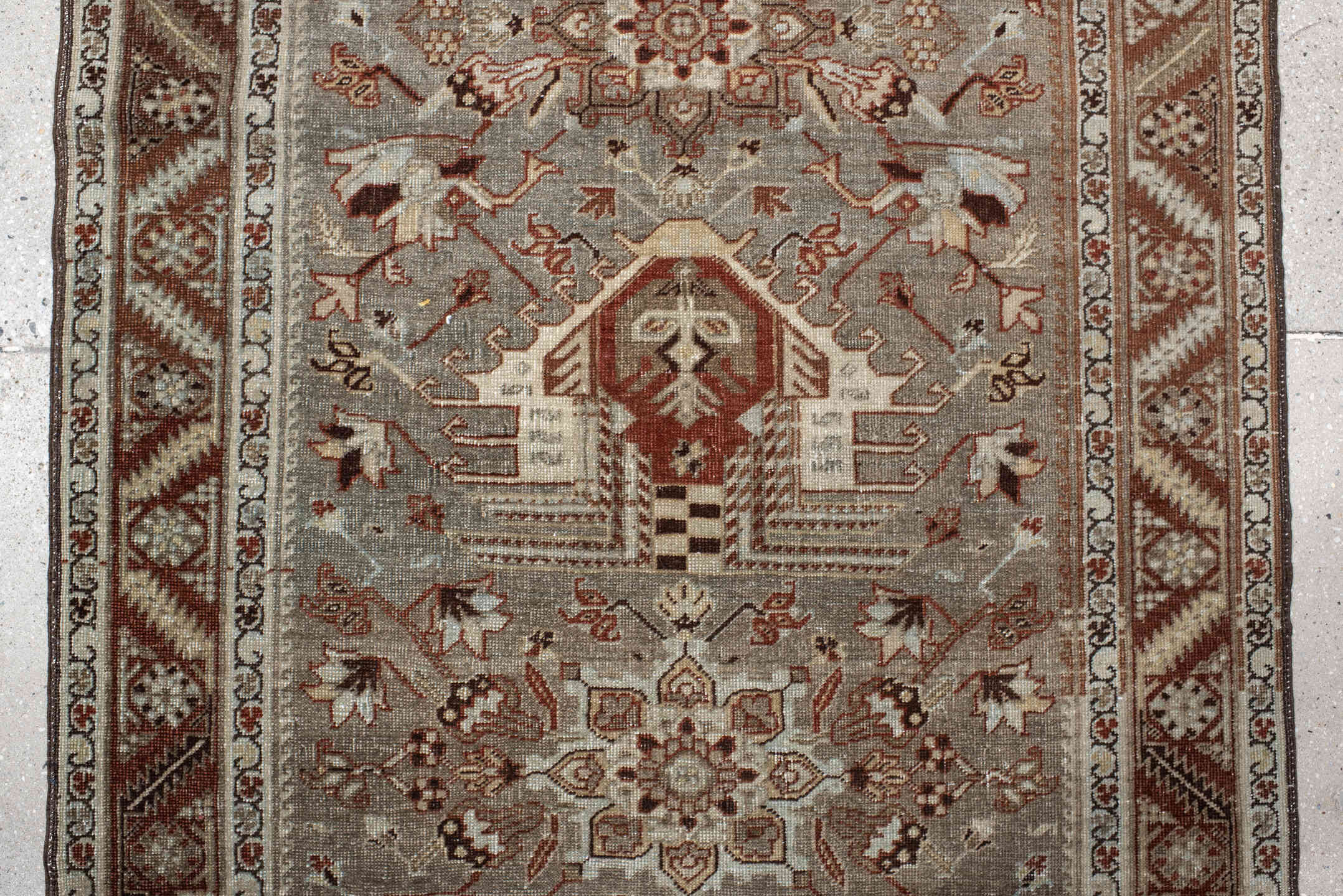3' x 13' one-of-a-kind handmade vintage Heriz runner rug. Color palette: taupe, rust, ivory, brown, camel, charcoal, beige