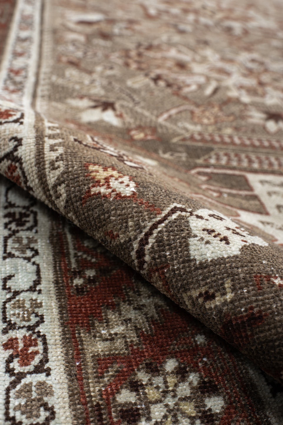 3' x 13' one-of-a-kind handmade vintage Heriz runner rug. Color palette: taupe, rust, ivory, brown, camel, charcoal, beige