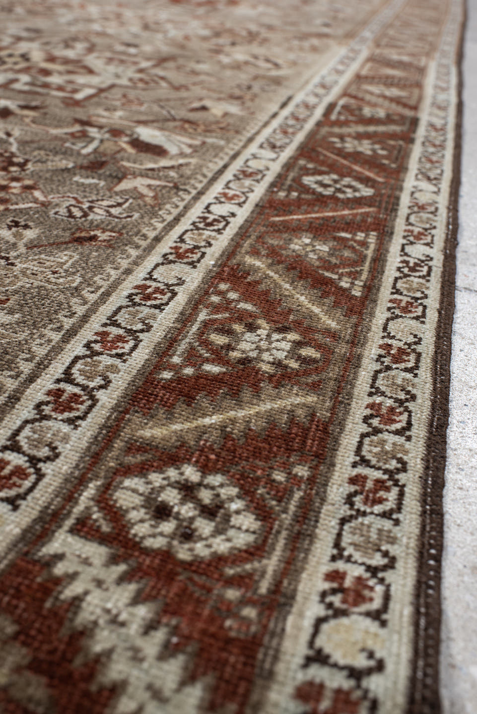 3' x 13' one-of-a-kind handmade vintage Heriz runner rug. Color palette: taupe, rust, ivory, brown, camel, charcoal, beige