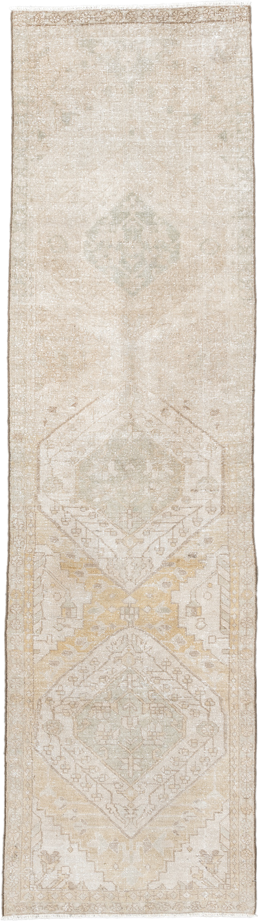 2' x 10' one-of-a-kind handmade vintage Karaje runner rug. Color palette: ivory, sand, cream, pale gold, taupe, sage, beige