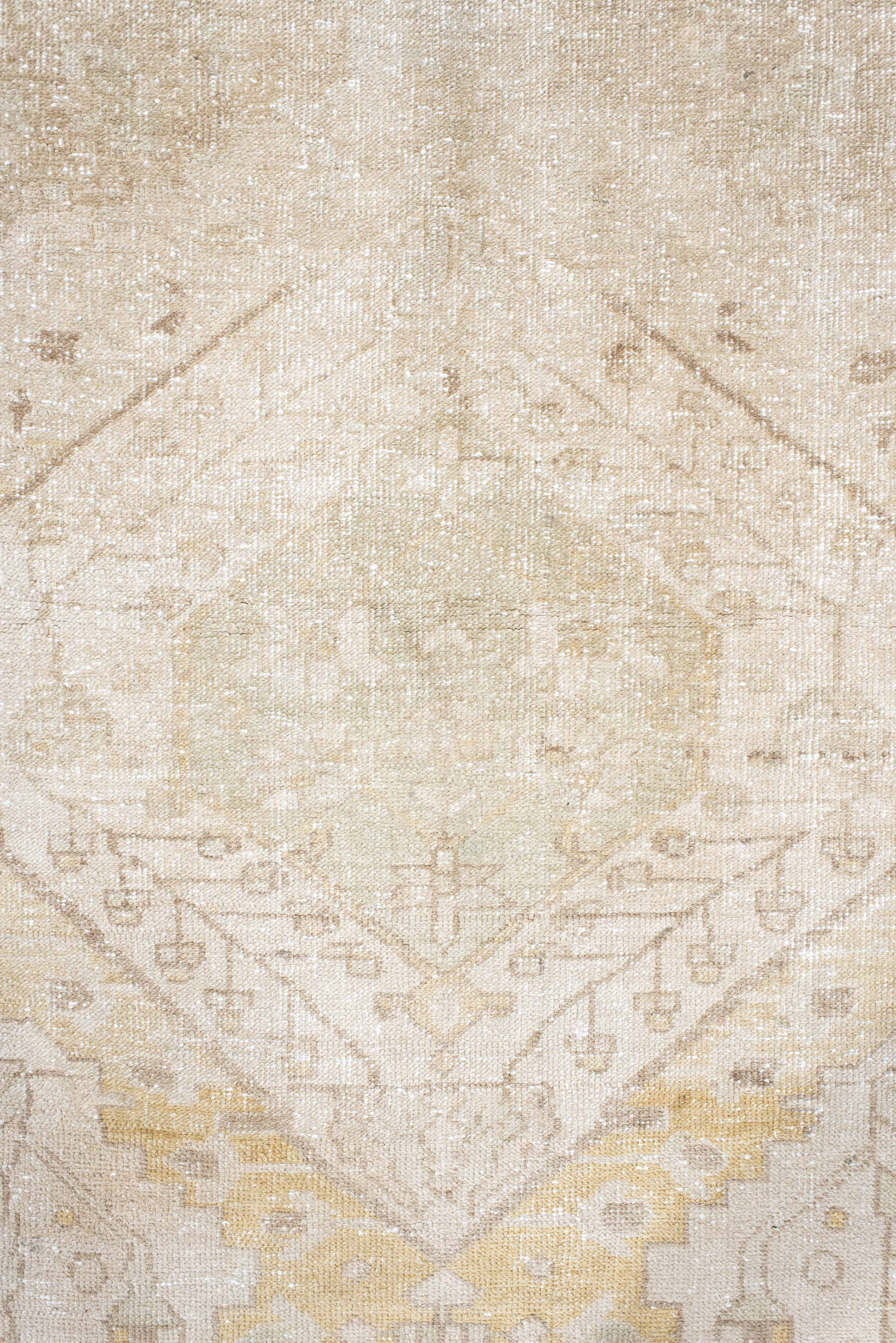 2' x 10' one-of-a-kind handmade vintage Karaje runner rug. Color palette: ivory, sand, cream, pale gold, taupe, sage, beige