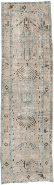 3' x 11' one-of-a-kind handmade antique Sarab runner rug. Color palette: ivory, sky_blue, taupe, charcoal, beige, brown