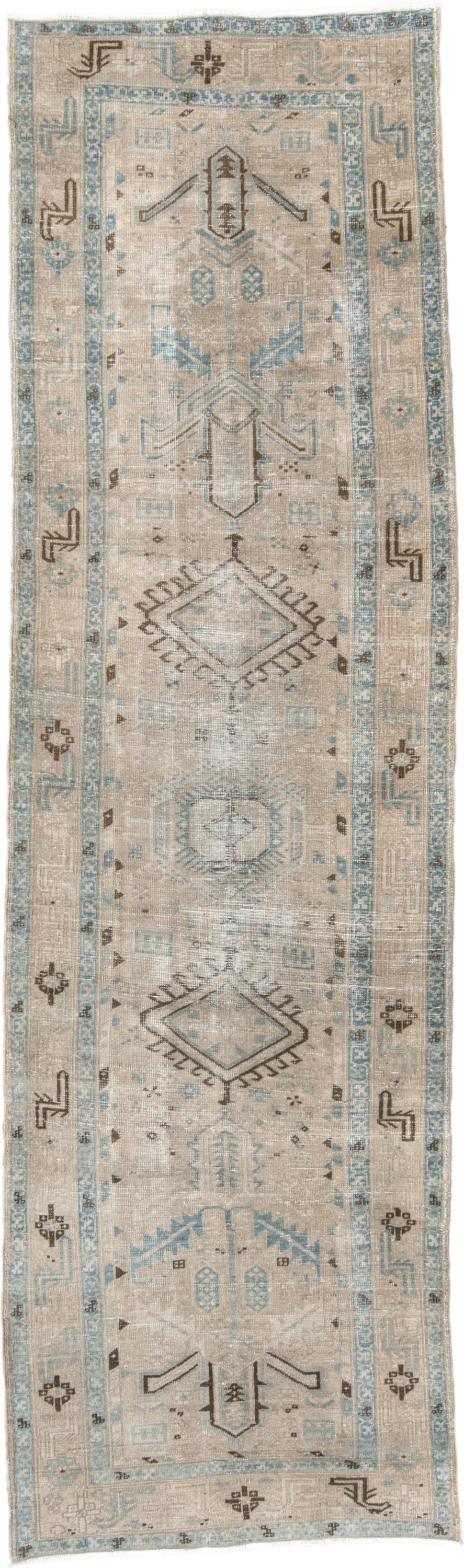 3' x 11' one-of-a-kind handmade antique Sarab runner rug. Color palette: ivory, sky_blue, taupe, charcoal, beige, brown