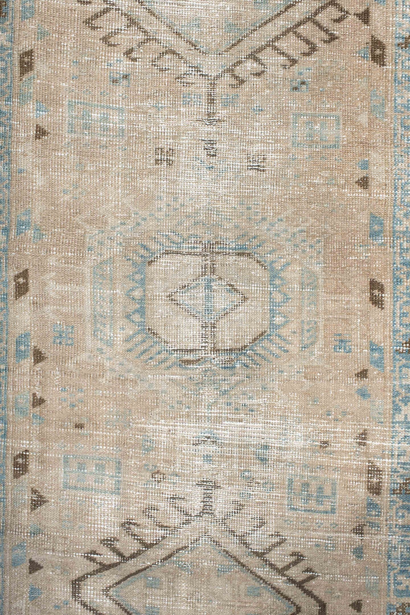 3' x 11' one-of-a-kind handmade antique Sarab runner rug. Color palette: ivory, sky_blue, taupe, charcoal, beige, brown