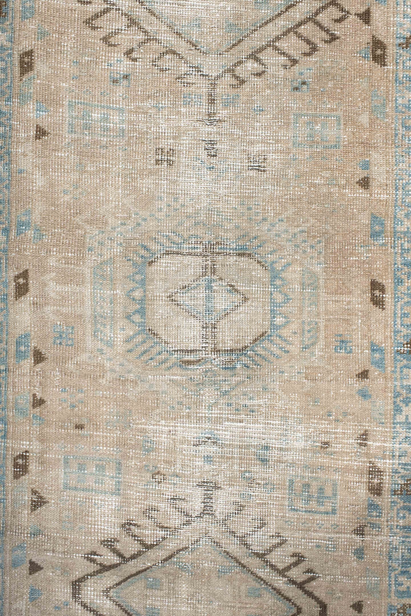 3' x 11' one-of-a-kind handmade antique Sarab runner rug. Color palette: ivory, sky_blue, taupe, charcoal, beige, brown