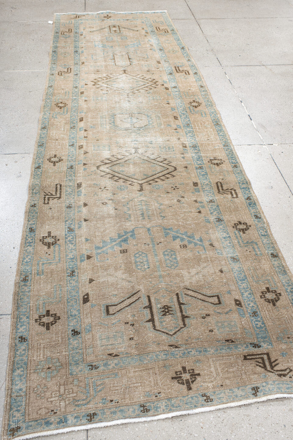 3' x 11' one-of-a-kind handmade antique Sarab runner rug. Color palette: ivory, sky_blue, taupe, charcoal, beige, brown