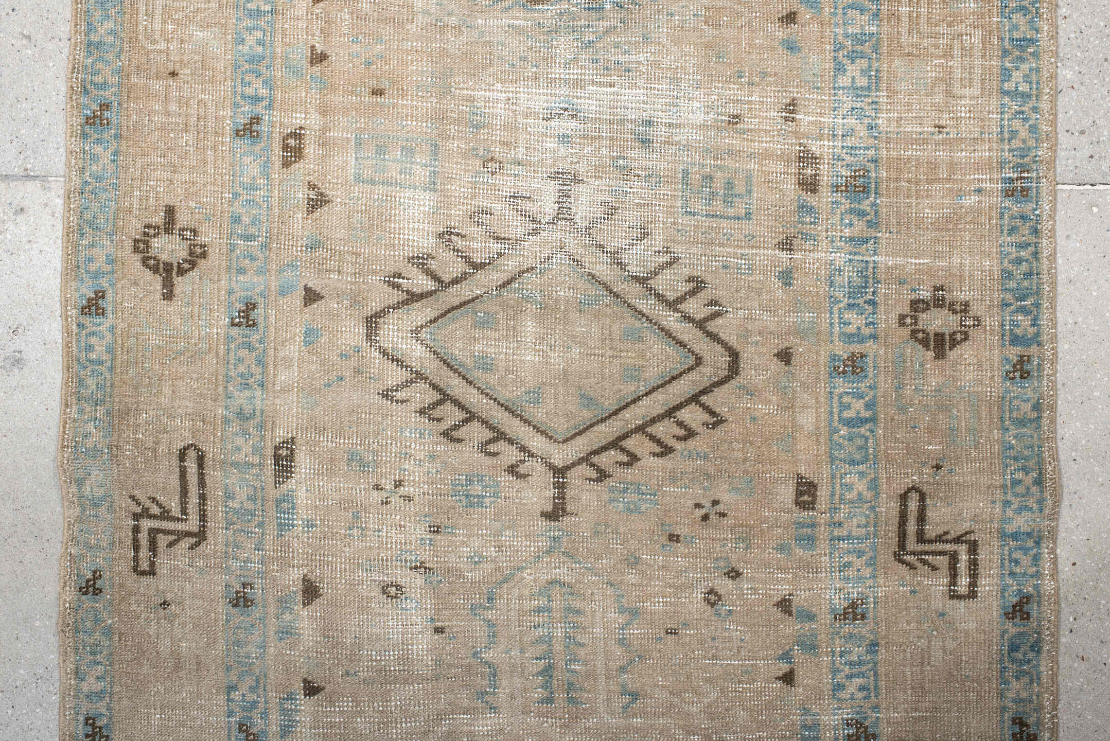 3' x 11' one-of-a-kind handmade antique Sarab runner rug. Color palette: ivory, sky_blue, taupe, charcoal, beige, brown