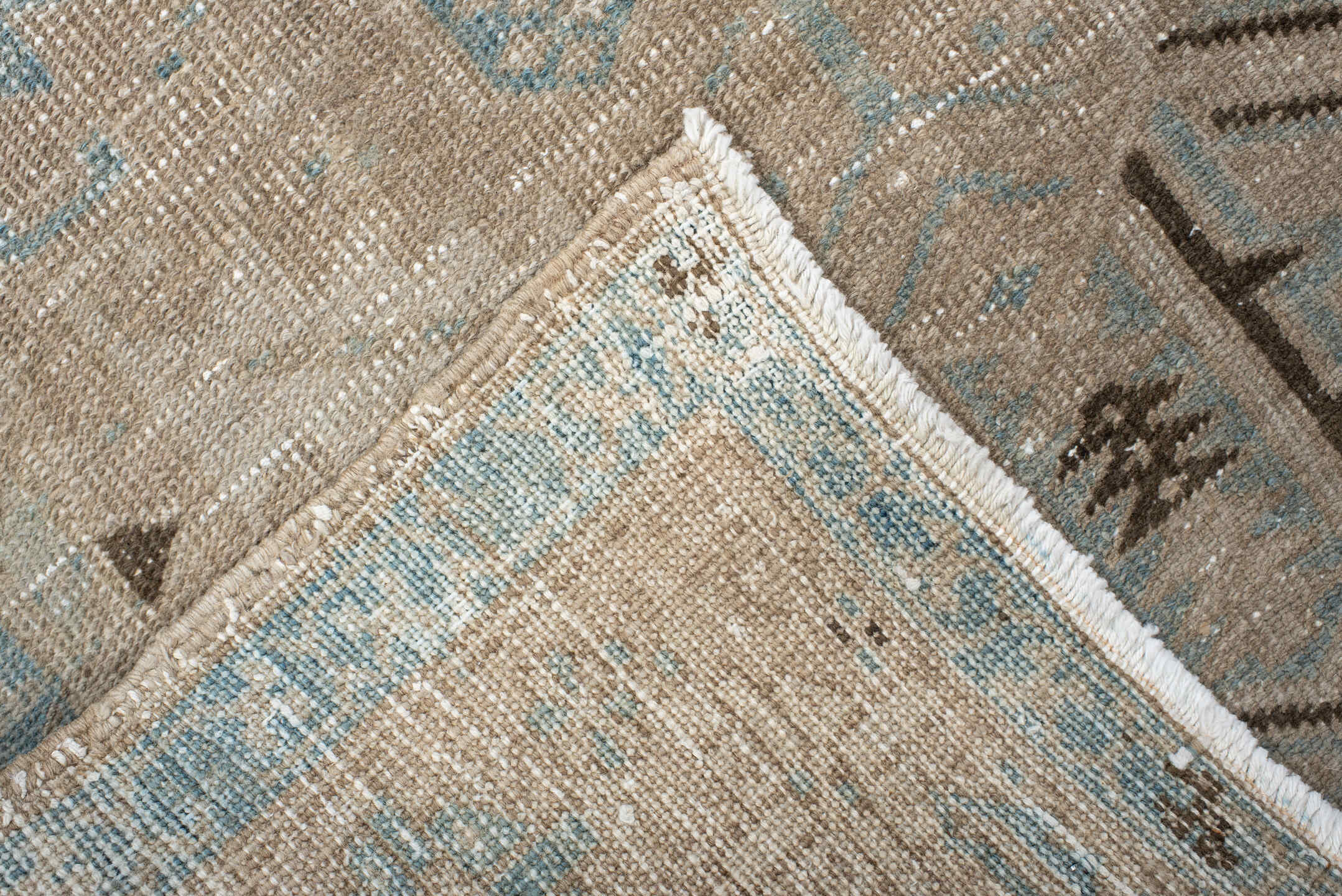 3' x 11' one-of-a-kind handmade antique Sarab runner rug. Color palette: ivory, sky_blue, taupe, charcoal, beige, brown