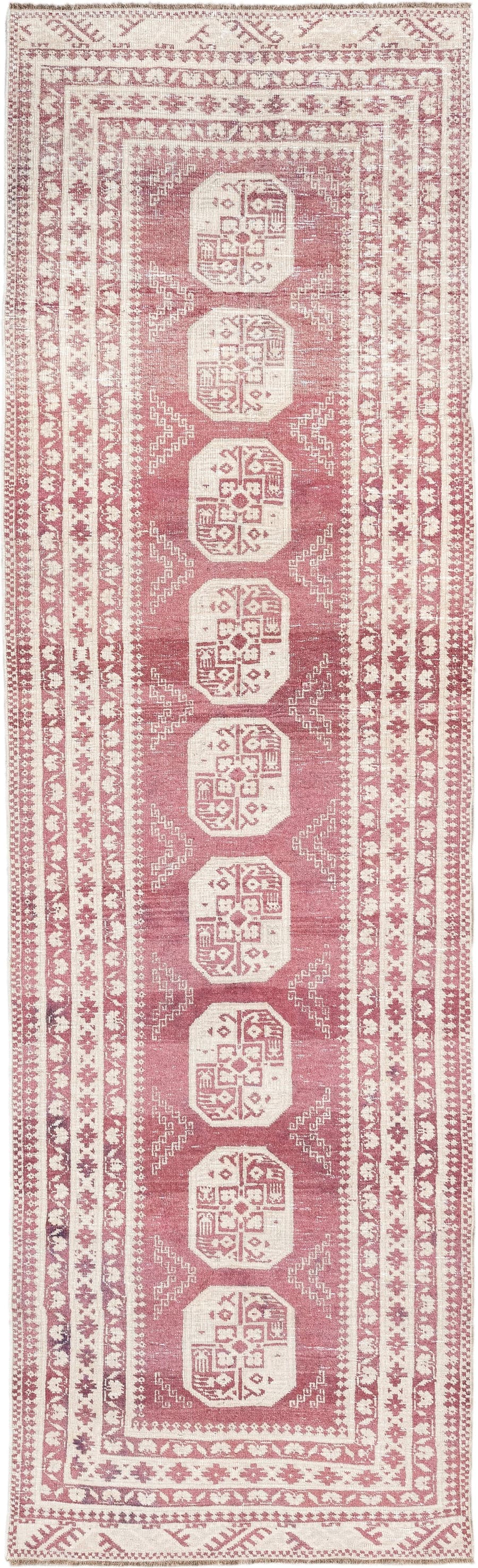 3' x 10' one-of-a-kind handmade vintage Afghan runner rug. Color palette: rose, ivory, dusty pink, burgundy, pink, red