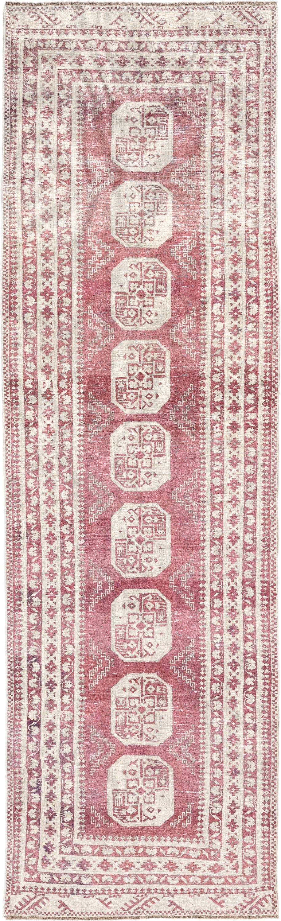 3' x 10' one-of-a-kind handmade vintage Afghan runner rug. Color palette: rose, ivory, dusty pink, burgundy, pink, red