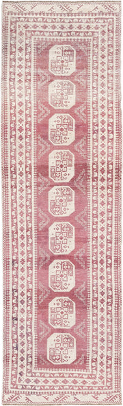 3' x 10' one-of-a-kind handmade vintage Afghan runner rug. Color palette: rose, ivory, dusty pink, burgundy, pink, red