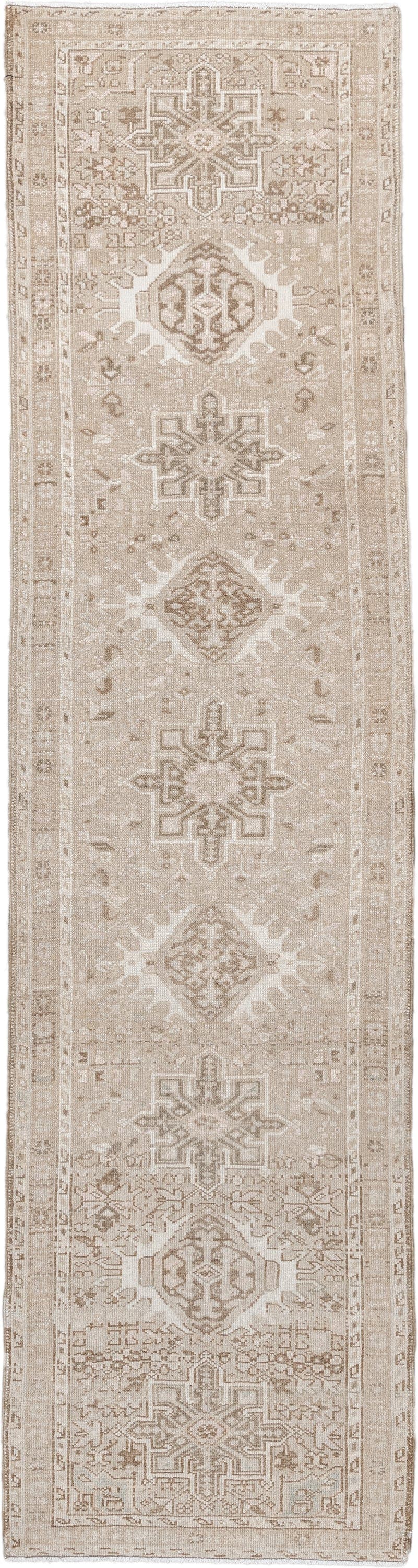 2' x 9' one-of-a-kind handmade antique Karaje runner rug. Color palette: ivory, taupe, sand, beige, camel, light brown, gray