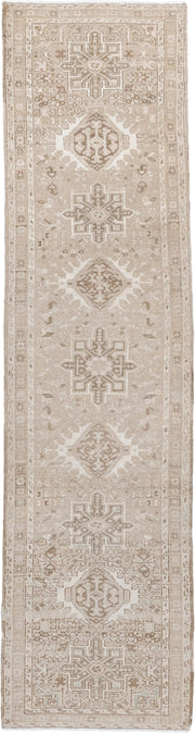 2' x 9' one-of-a-kind handmade antique Karaje runner rug. Color palette: ivory, taupe, sand, beige, camel, light brown, gray