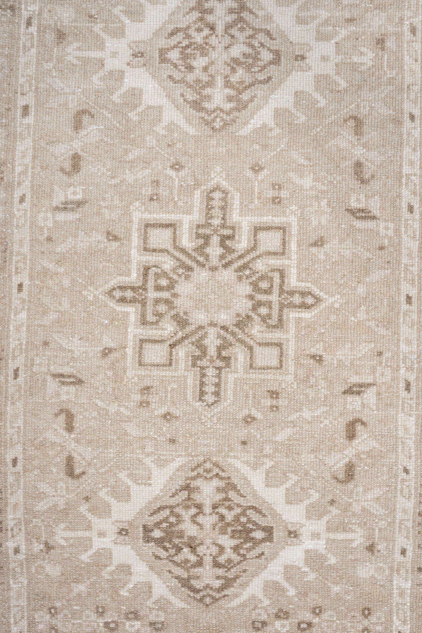 2' x 9' one-of-a-kind handmade antique Karaje runner rug. Color palette: ivory, taupe, sand, beige, camel, light brown, gray