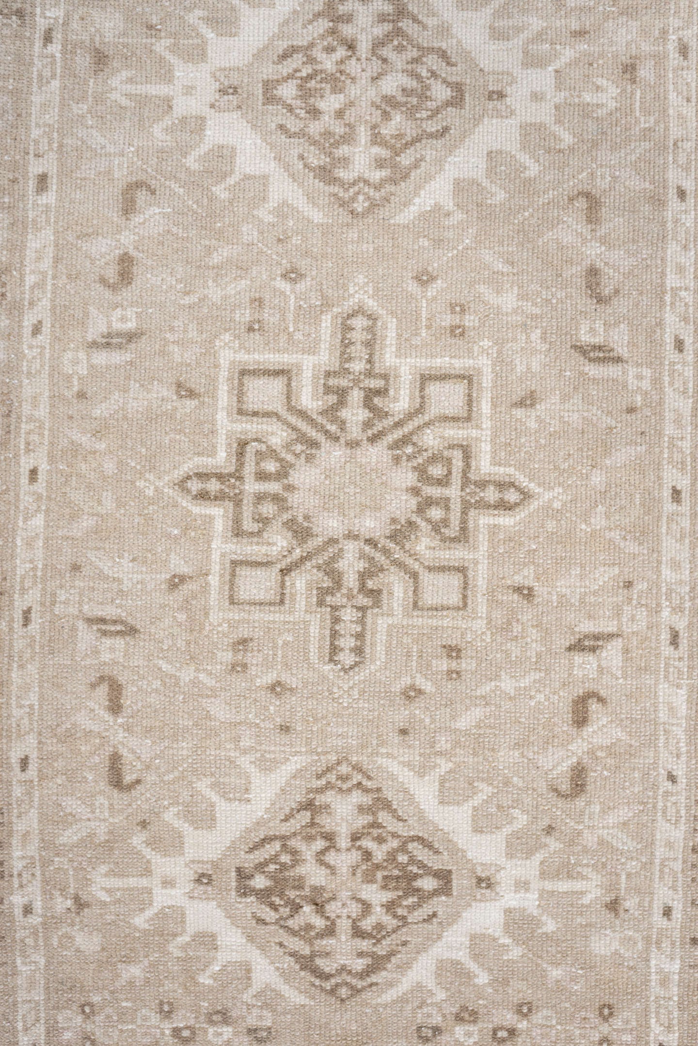 2' x 9' one-of-a-kind handmade antique Karaje runner rug. Color palette: ivory, taupe, sand, beige, camel, light brown, gray