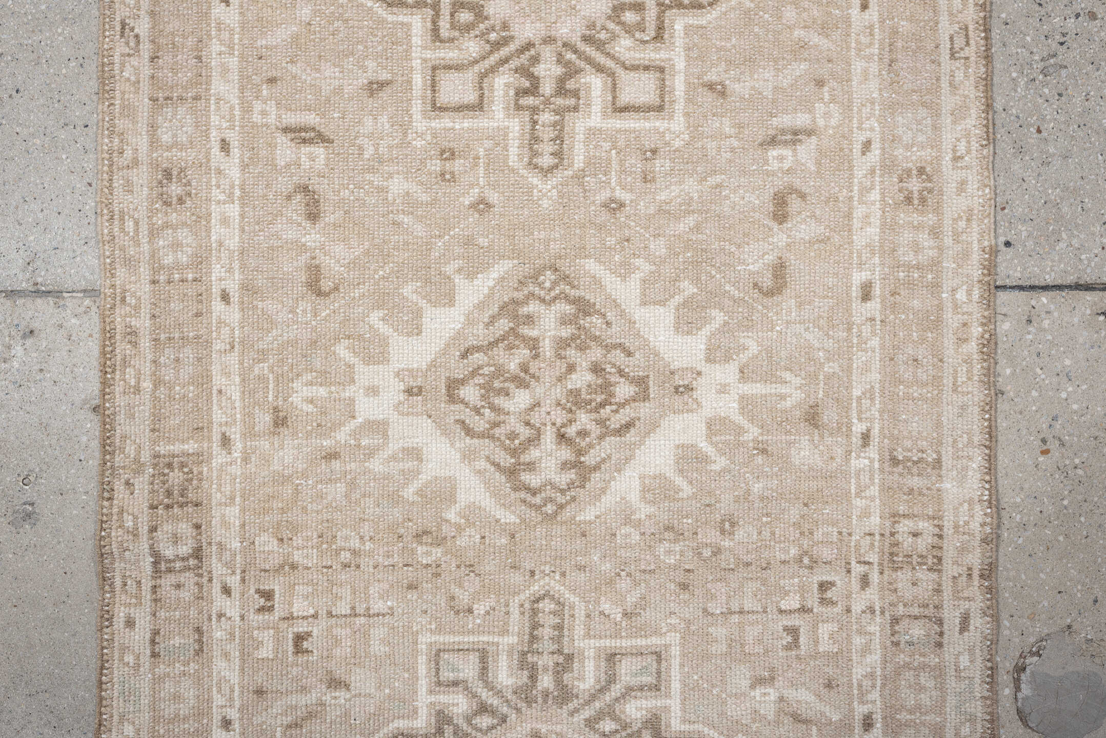 2' x 9' one-of-a-kind handmade antique Karaje runner rug. Color palette: ivory, taupe, sand, beige, camel, light brown, gray