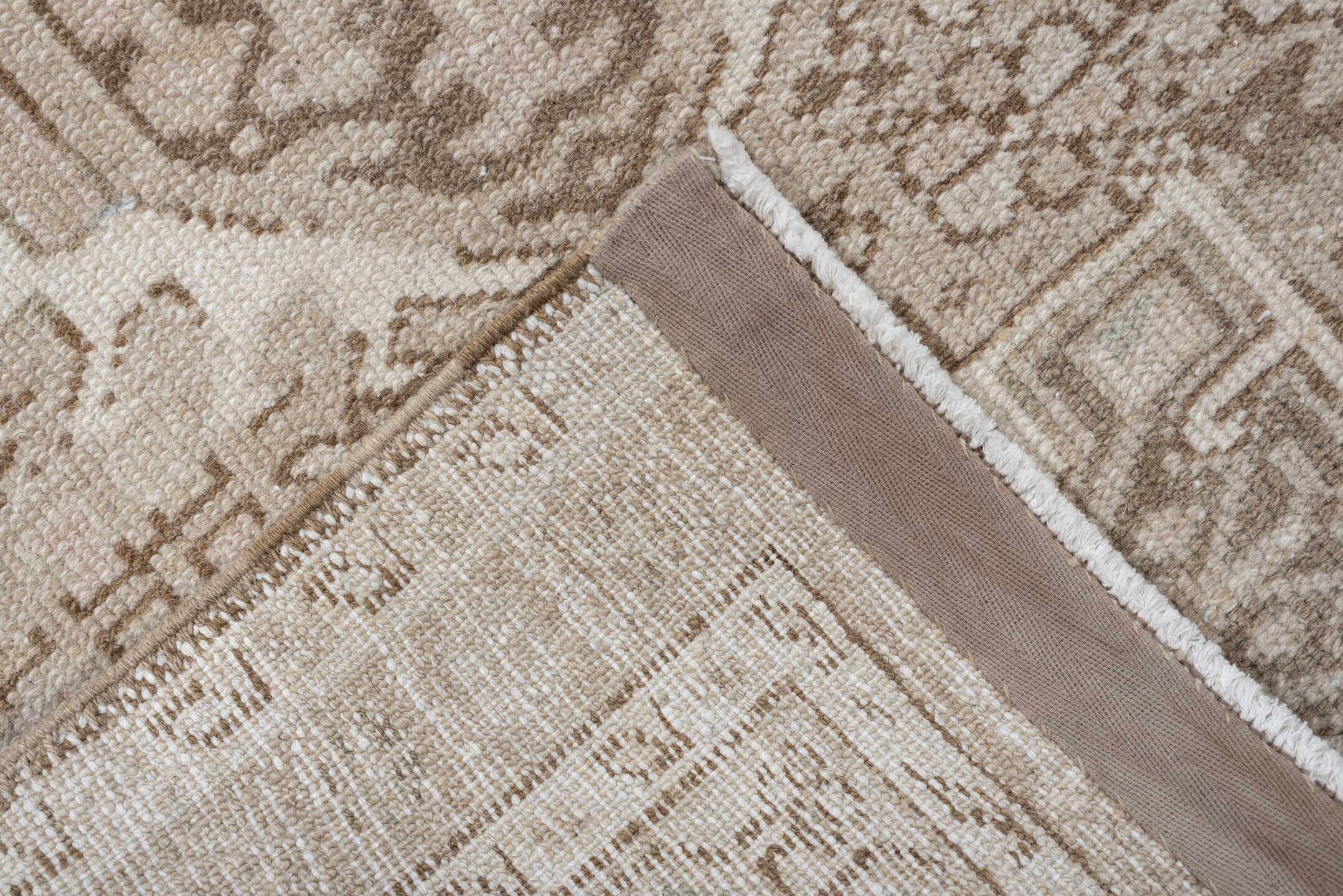 2' x 9' one-of-a-kind handmade antique Karaje runner rug. Color palette: ivory, taupe, sand, beige, camel, light brown, gray