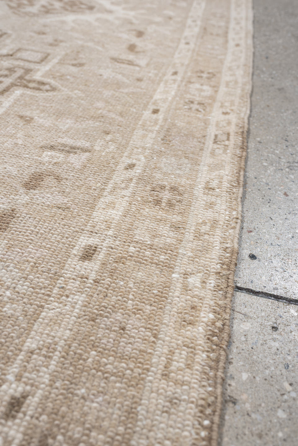 2' x 9' one-of-a-kind handmade antique Karaje runner rug. Color palette: ivory, taupe, sand, beige, camel, light brown, gray