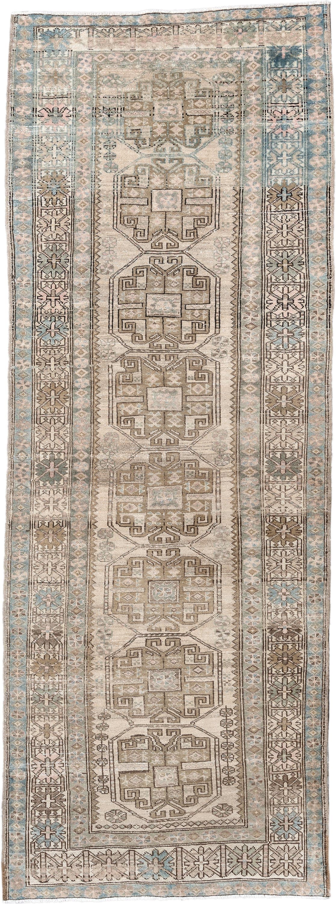 3' x 10' one-of-a-kind handmade antique Sarab runner rug. Color palette: ivory, sky blue, taupe, camel, brown, blush