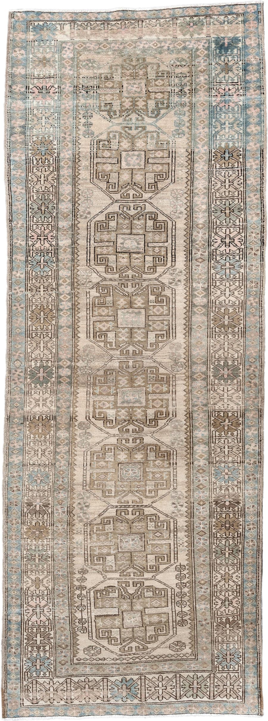 3' x 10' one-of-a-kind handmade antique Sarab runner rug. Color palette: ivory, sky blue, taupe, camel, brown, blush