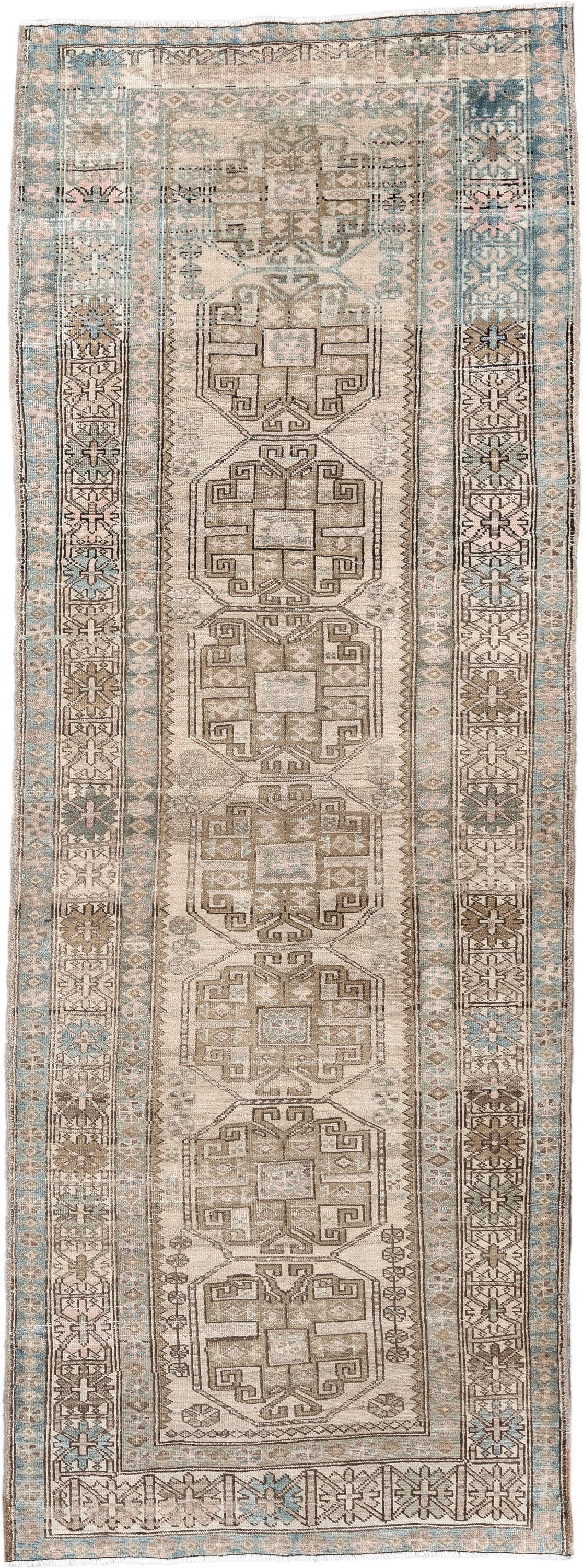 3' x 10' one-of-a-kind handmade antique Sarab runner rug. Color palette: ivory, sky blue, taupe, camel, brown, blush