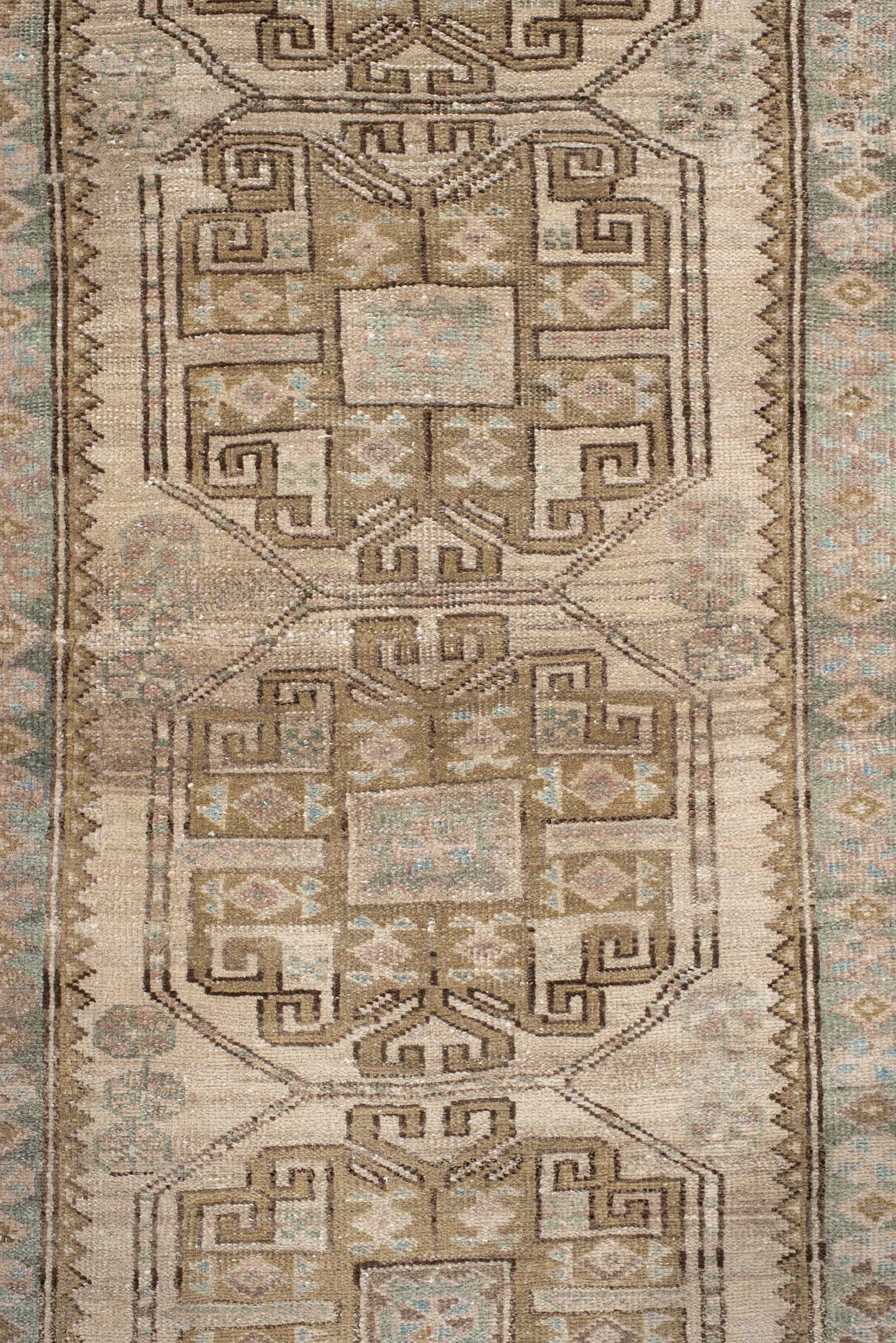 3' x 10' one-of-a-kind handmade antique Sarab runner rug. Color palette: ivory, sky blue, taupe, camel, brown, blush