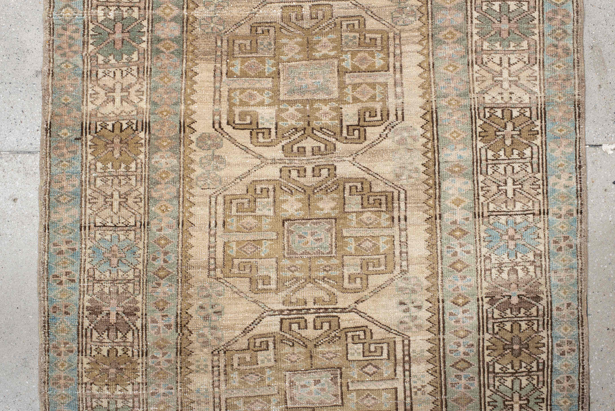 3' x 10' one-of-a-kind handmade antique Sarab runner rug. Color palette: ivory, sky blue, taupe, camel, brown, blush
