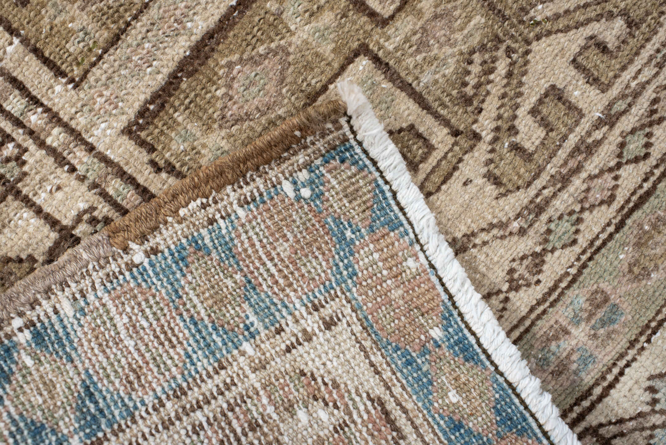 3' x 10' one-of-a-kind handmade antique Sarab runner rug. Color palette: ivory, sky blue, taupe, camel, brown, blush