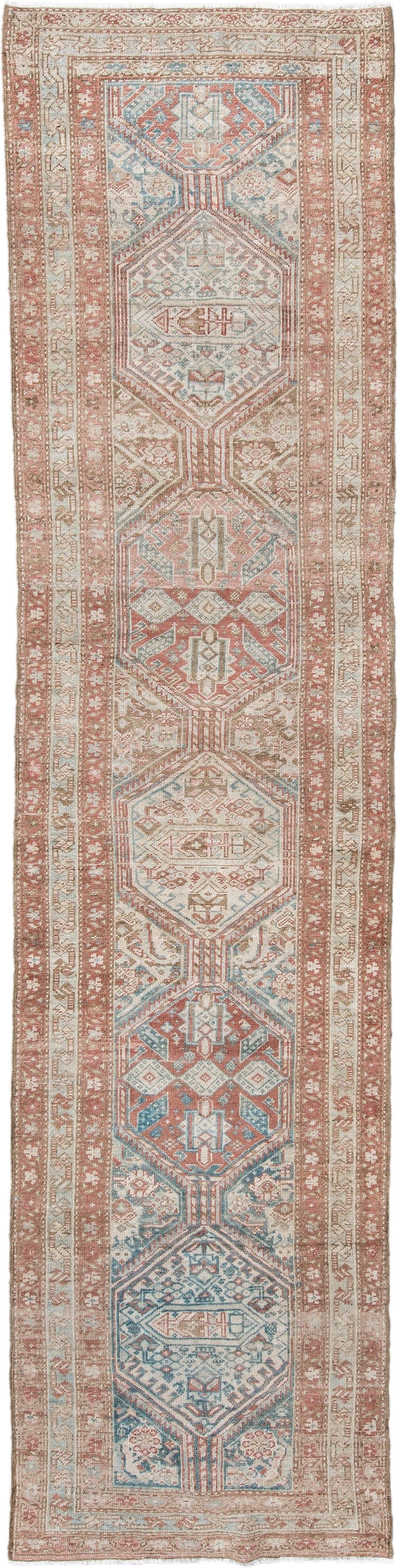 3' x 12' one-of-a-kind handmade vintage NW Persian runner rug. Color palette: ivory, rust, pale blue, taupe, camel