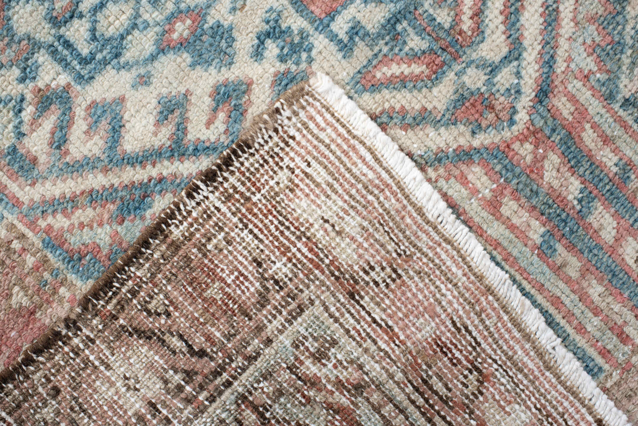 3' x 12' one-of-a-kind handmade vintage NW Persian runner rug. Color palette: ivory, rust, pale blue, taupe, camel