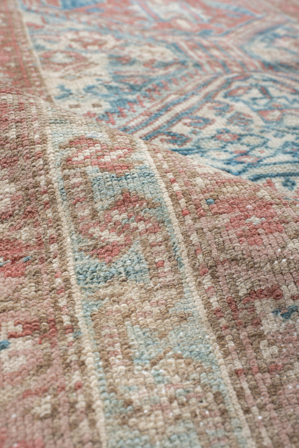 3' x 12' one-of-a-kind handmade vintage NW Persian runner rug. Color palette: ivory, rust, pale blue, taupe, camel