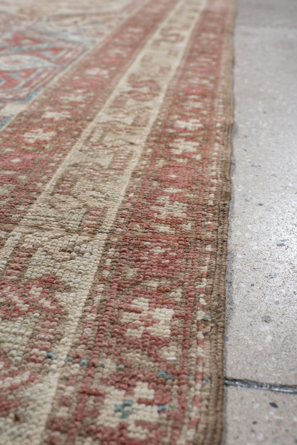 3' x 12' one-of-a-kind handmade vintage NW Persian runner rug. Color palette: ivory, rust, pale blue, taupe, camel