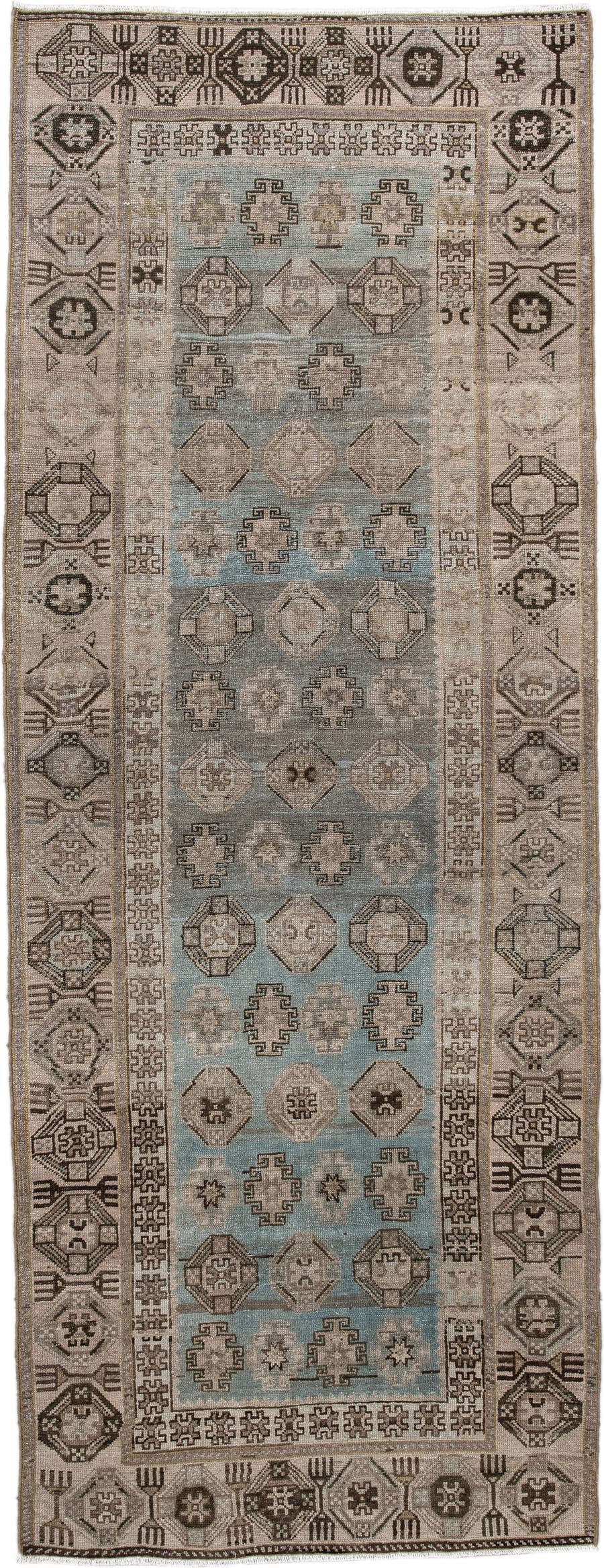 3' x 9' one-of-a-kind handmade antique Malayer runner rug. Color palette: ivory, sky blue, taupe, charcoal, beige, camel