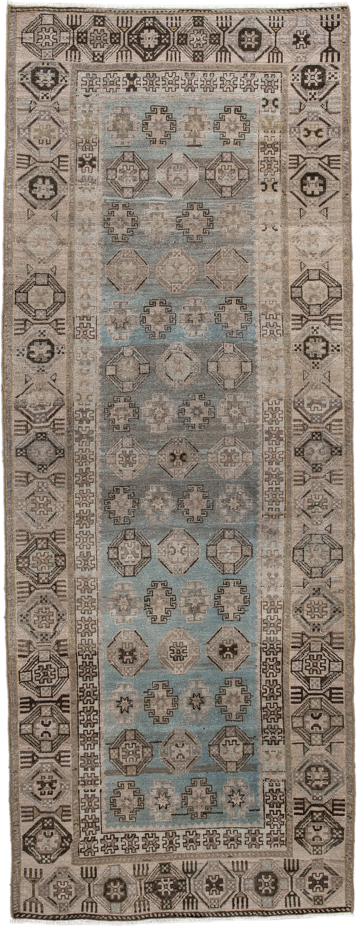 3' x 9' one-of-a-kind handmade antique Malayer runner rug. Color palette: ivory, sky blue, taupe, charcoal, beige, camel