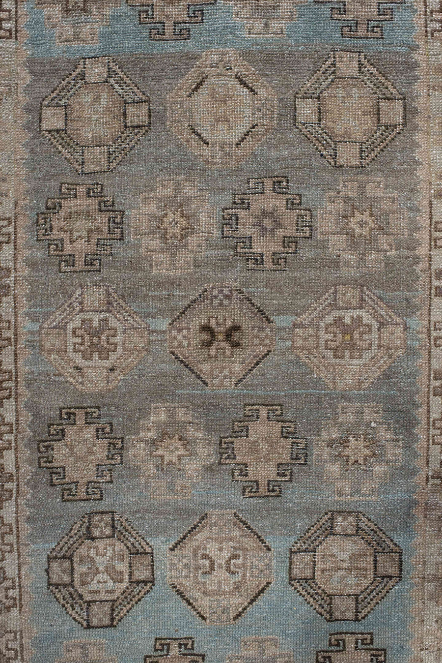 3' x 9' one-of-a-kind handmade antique Malayer runner rug. Color palette: ivory, sky blue, taupe, charcoal, beige, camel