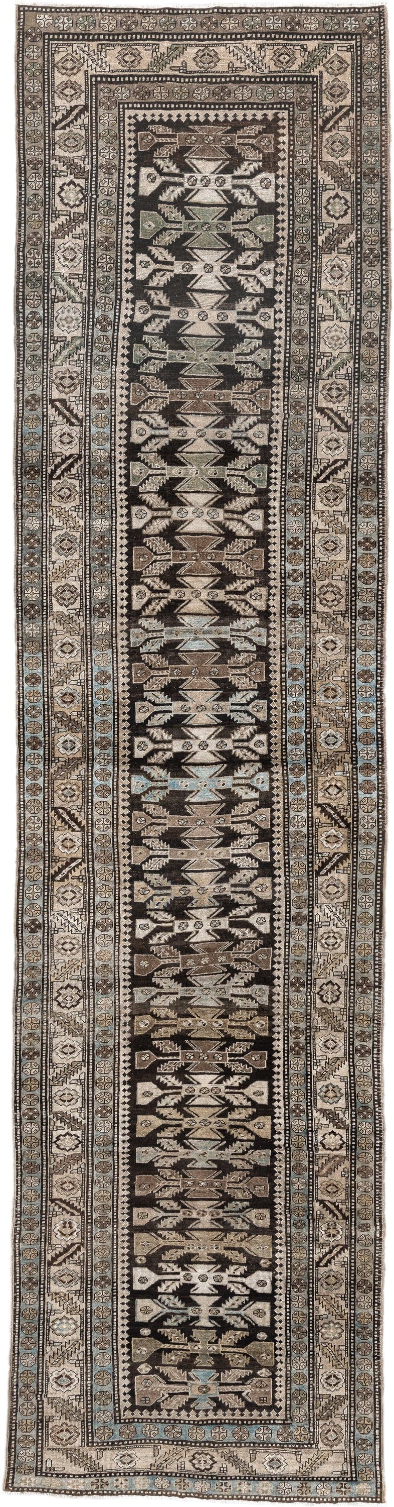 3' x 15' one-of-a-kind handmade antique NW Persian runner rug. Color palette: brown, ivory, camel, light blue, taupe