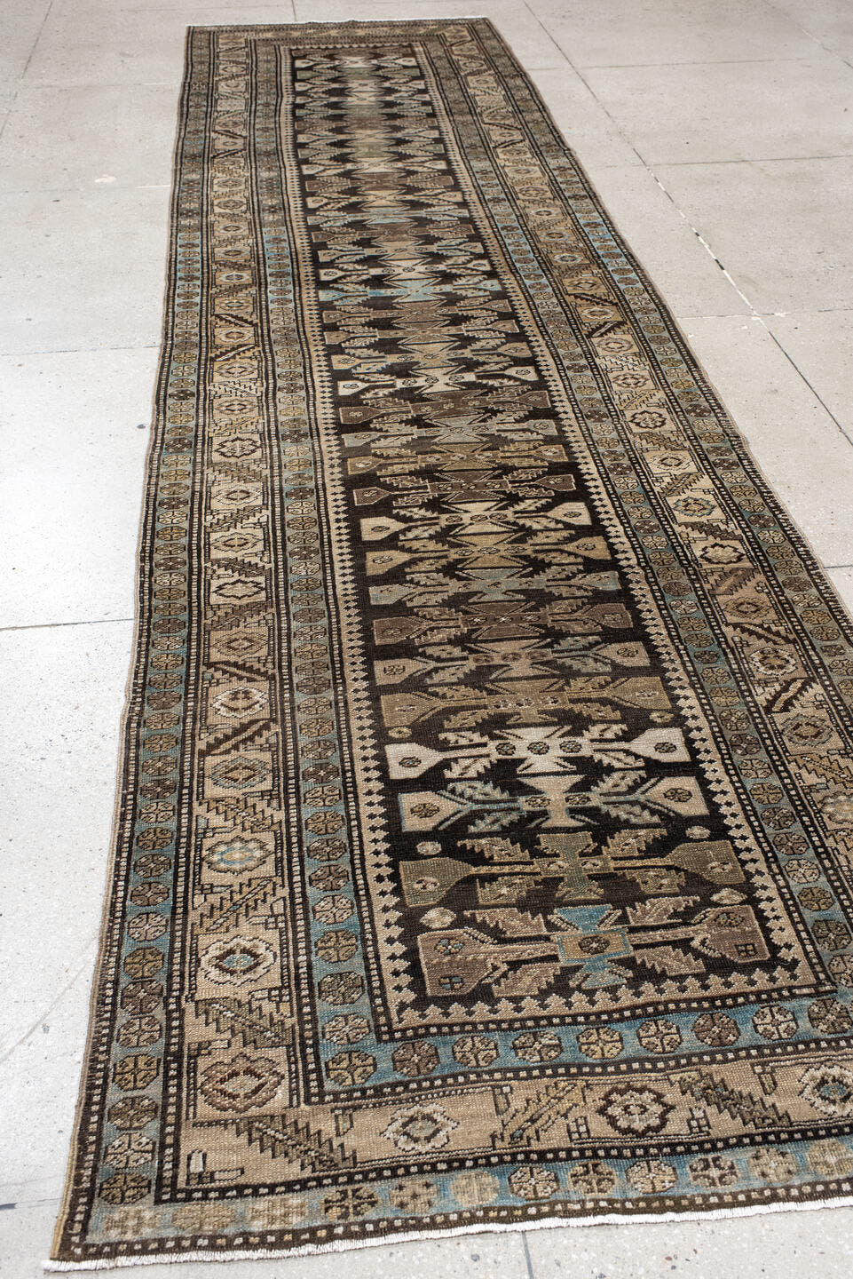 3' x 15' one-of-a-kind handmade antique NW Persian runner rug. Color palette: brown, ivory, camel, light blue, taupe