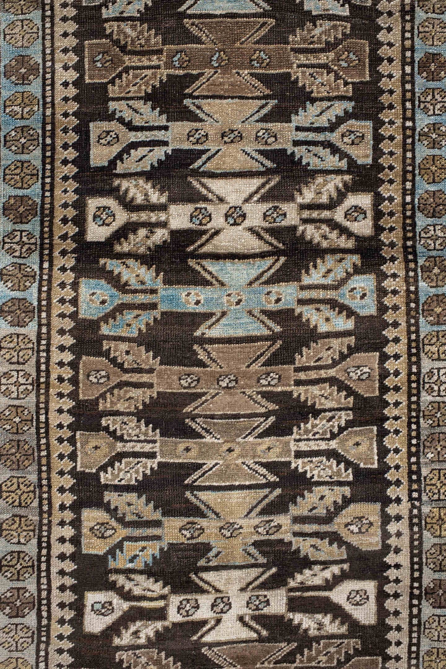 3' x 15' one-of-a-kind handmade antique NW Persian runner rug. Color palette: brown, ivory, camel, light blue, taupe