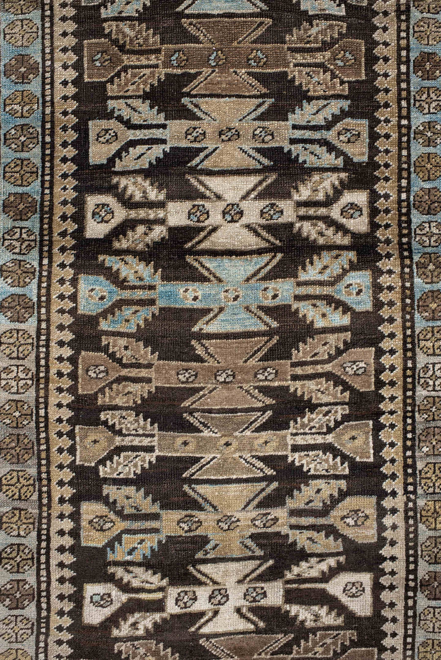 3' x 15' one-of-a-kind handmade antique NW Persian runner rug. Color palette: brown, ivory, camel, light blue, taupe